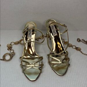 Badgley Mischka Ava ll gold stiletto sandals, size 8